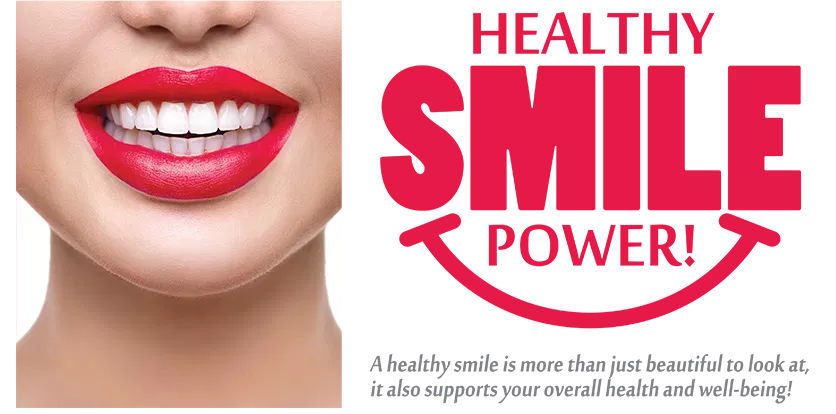 The image is a promotional graphic featuring a close-up of a person s face with red lipstick, and it includes text that reads  HEALTHY SMILE POWER  in bold letters.